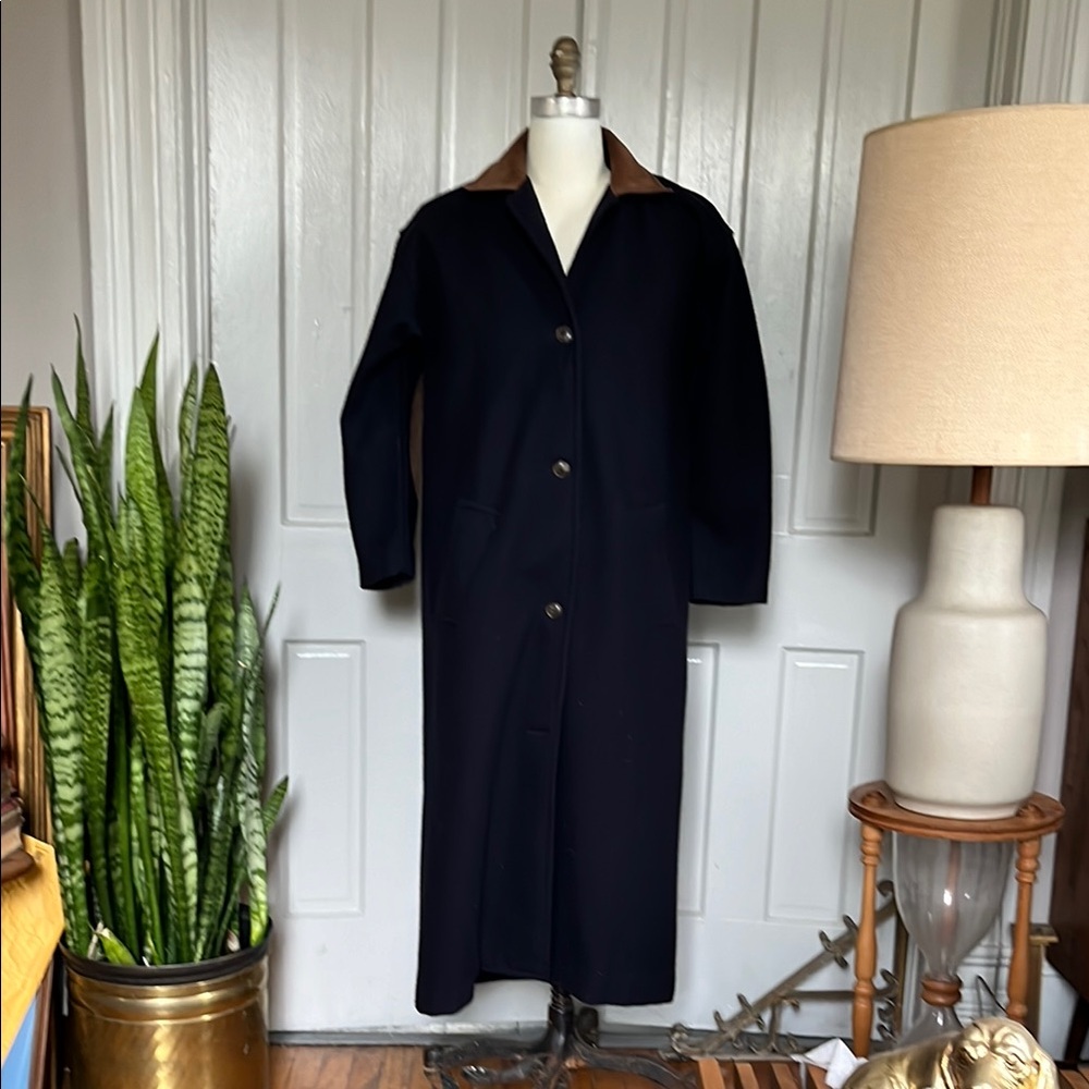 Woolrich Vntg Navy Long Coat with leather Trim